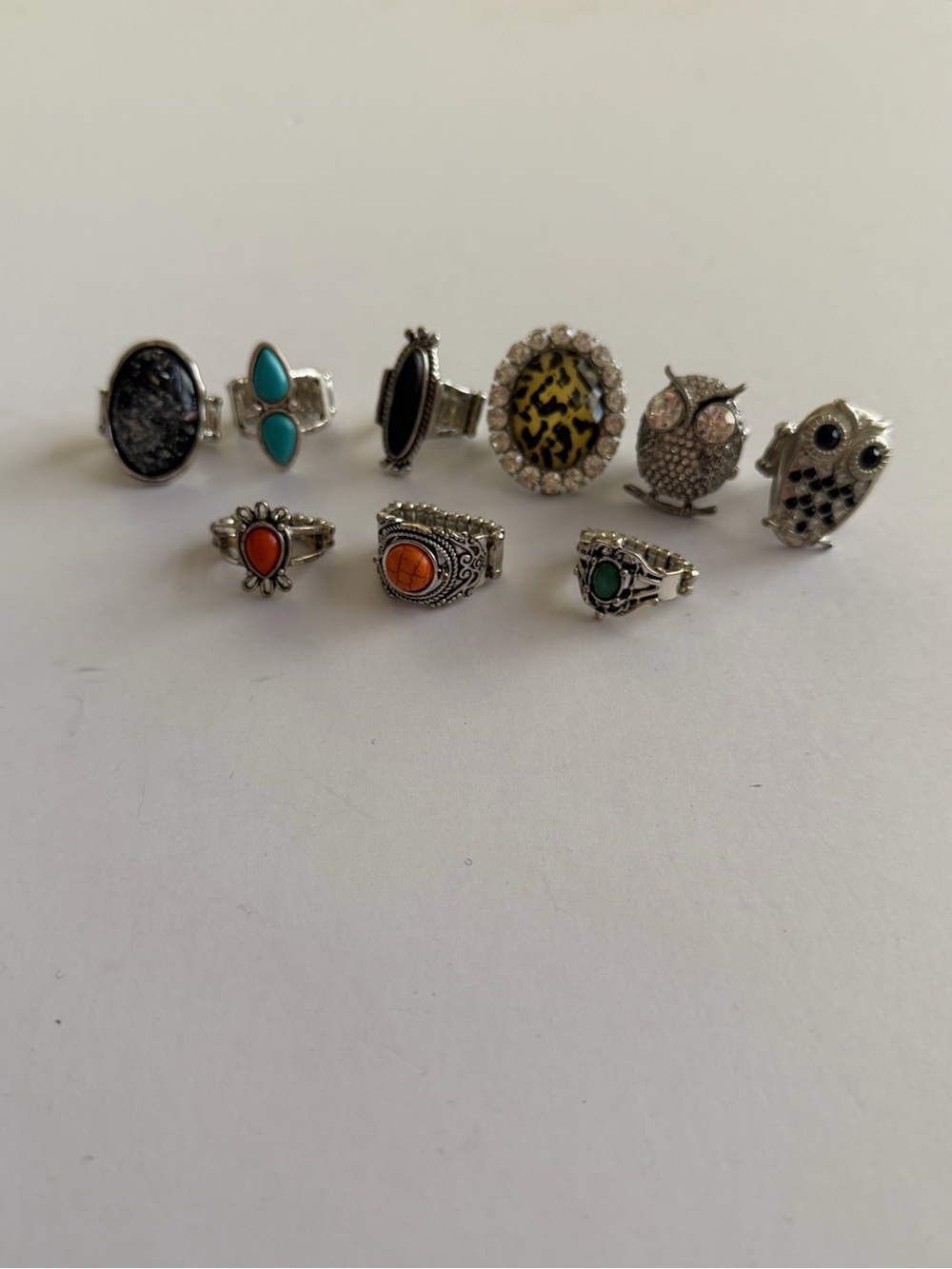 Vintage Silver-Tone Fashion Stretch Rings Owls Stones Cocktail Bundle Lot 9